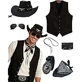 minkasic 7pcs Cowboy Costume Outfit for Men Western Cowboy Clothes Vest Accessories for Cowboy Party
