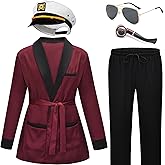EFORLED Red Silk Robe Jacket and Black Pants,Captain Hat,Halloween Costume Accessories for Adult