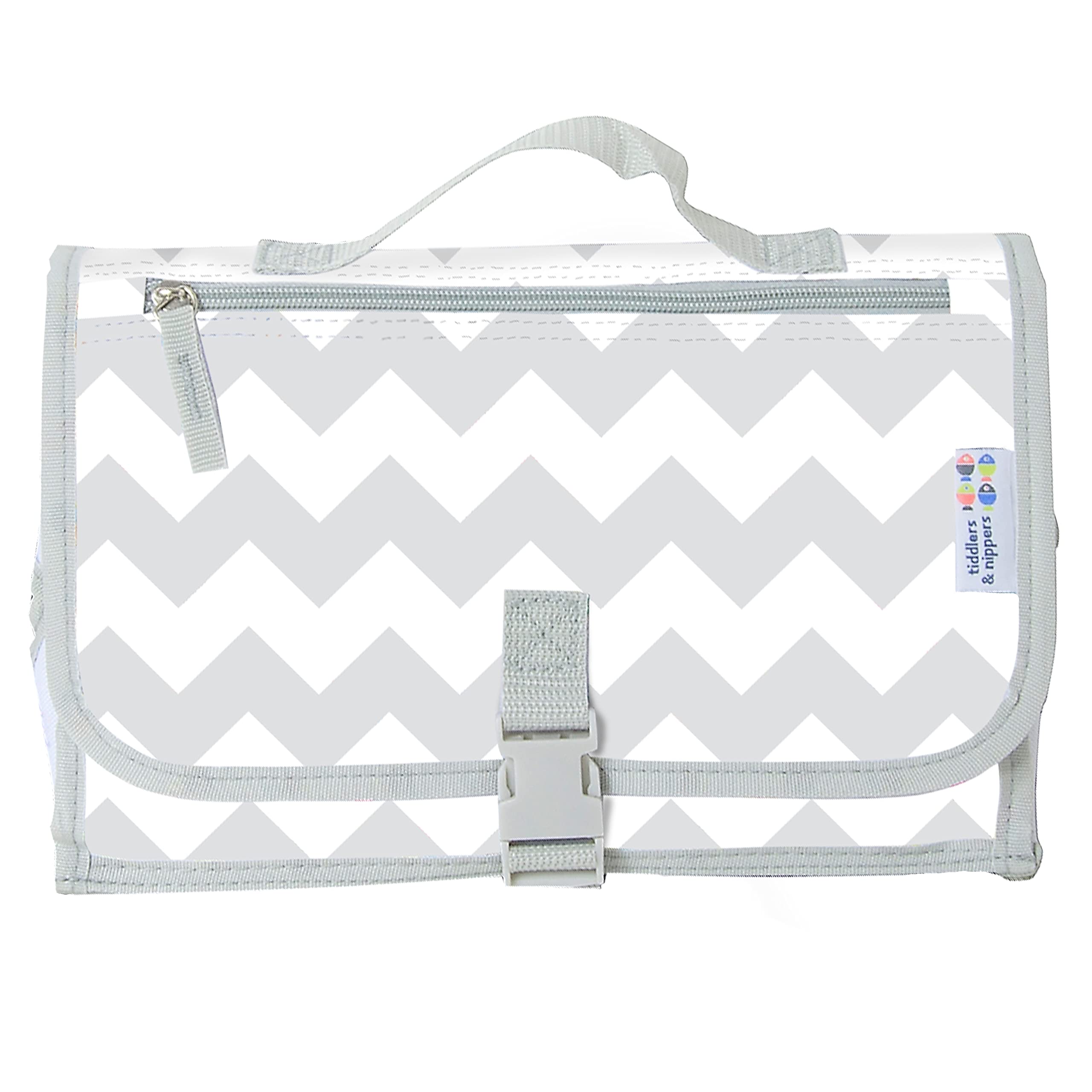 tiddler Easy-Change mat | Portable Baby & Toddler Travel Changing Mat | Expandable, Lightweight & Wipe Clean | Multiple Zipped Pockets, Padded Lining, Detachable Clutch (Yeah Chevrons!)