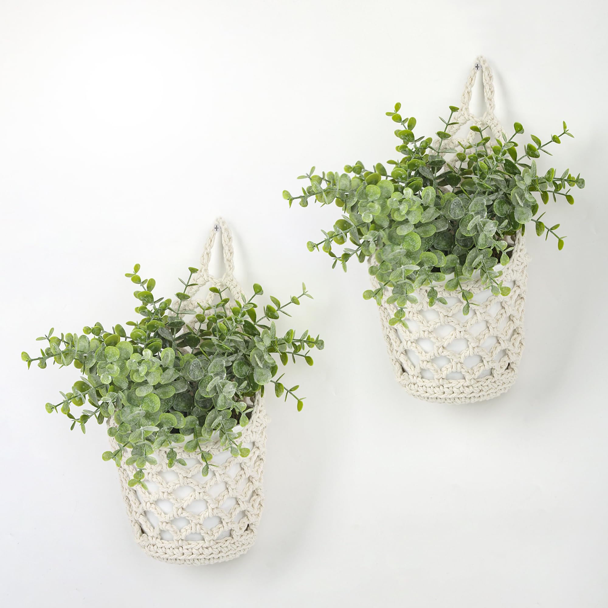 Grünara Macrame Hanging Basket Set of 2 Boho Decorative Wall Vases & Hanging Flower Pots for Indoor & Outdoor, Garden, Balcony, Window, Living Room - Beige