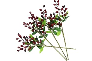 4PCS Artificial Flower Artificial Berry Stems Faux Red Berry Stems Faux Berries Olive with Leaves Fake Berries Branches Fake 