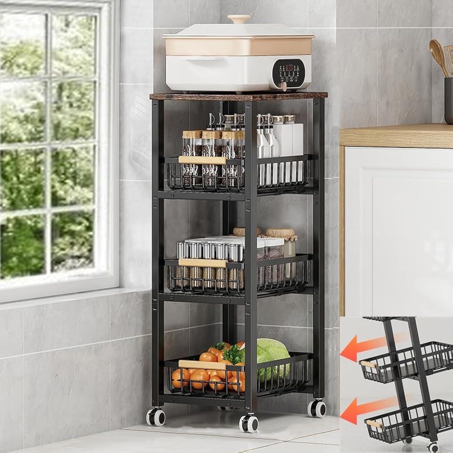 Photo 1 of KOLENSA Metal Wire Baskets with Wheels, Stackable Storage Bins Kitchen Organizer Shelf, Multi Layer Fruit Vegetable Cart Dishes Seasonal Rack Freestanding with Pull Out Slide Drawer