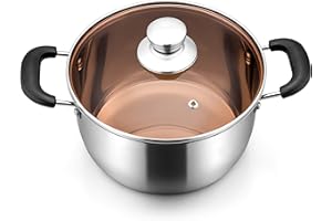 E-far 6 Quart Stock Pot, Stainless Steel Metal Soup Pot with Glass Lid for Cooking, Healthy & Rust Free, Heavy Duty & Dishwas