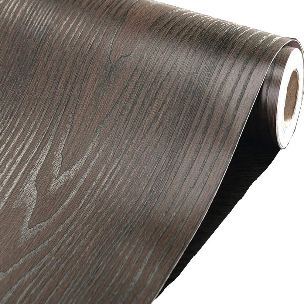 Thick Dark Brown Wood Grain Textured Vinyl Peel Stick Paper Film Furniture Cabinets Wardrobe Shelf Liner Wallpaper Sticker,30cm by 200cm (Dark Brown)