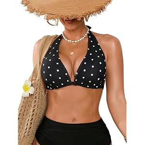 SHENHE Women's Polka Dots Triangle Bikini Top Tie Halter Deep V Push Up Swimsuit Top for Large Bust