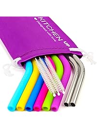 REGULAR SIZE Silicone Straws for 30 oz Tumbler & Stainless Steel Straws Bundle - 6 Silicone Straws for Yeti/Rtic / Ozark + 2 Brushes + 2 Metal Straws - Reusable Straws Extra Long + 1 Storage Pouch