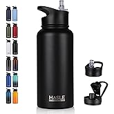 HASLE OUTFITTERS 32 oz Insulated Water Bottle Stainless Steel Double Walled Vacuum Sports Water Bottle with 2 Lids (Straw and Spout Lid) for Gym Camping Hiking(Black,1)