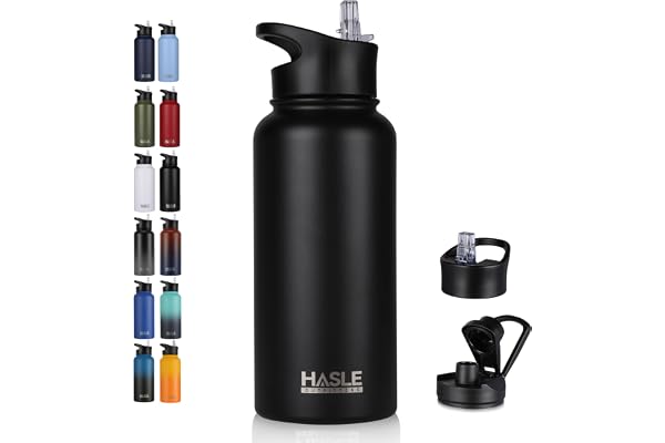 HASLE OUTFITTERS 32 oz Insulated Water Bottle Stainless Steel Double Walled Vacuum Sports Water Bottle with 2 Lids (Straw and