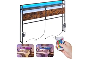 ELYKEN Headboard for Queen Size Bed, Backboard with Outlets, USB Port, LED Light, Headboard with Shelf, Freestanding Sturdy Back Board with Adjustable Accessory to Different Bed Frames, Rustic Brown