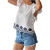 SweatyRocks Women's Eyelet Ruffle Cap Sleeve Boho Tops Floral Embroidered Crew Neck Western Blouses