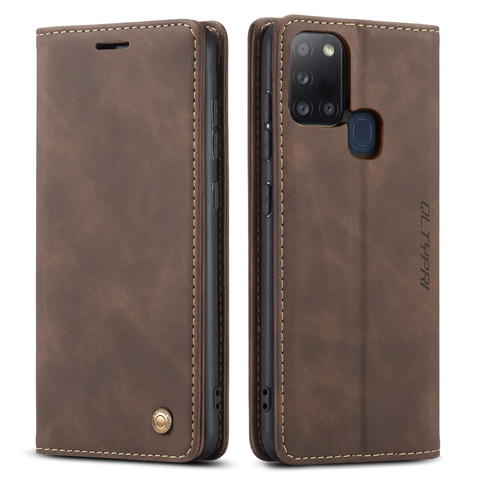 QLTYPRI Case for Samsung Galaxy A21S, Vintage PU Leather Wallet Case Card Slot Kickstand Magnetic Closure Shockproof Flip Folio Case Cover for Samsung Galaxy A21S - Coffee Brown