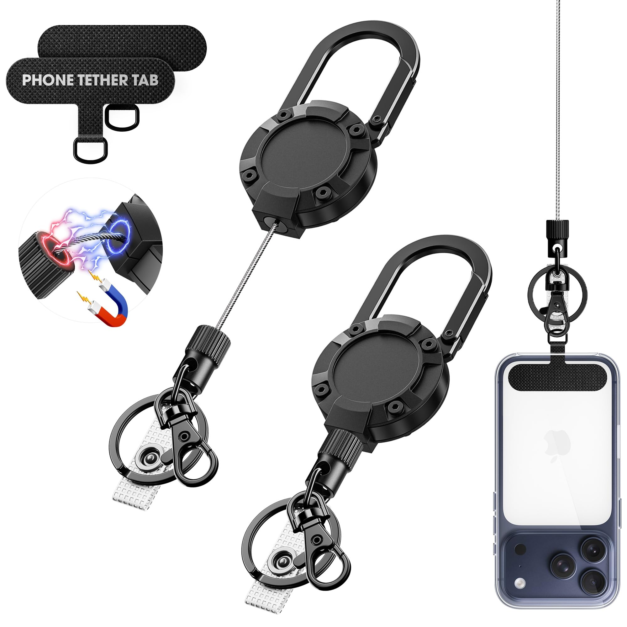 DINALLE Retractable Cell Phone Lanyard - Anti-Theft Phone Tether - Heavy Duty Carabiner Belt Clip, 27" Retractable Steel Line, Locking Magnetic Closure and Universal Anchor, Compatible with All Phones