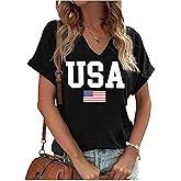 LANMERTREE American Flag Shirt Tops Womens 4th of July T-Shirts Short Sleeve Sexy V-Neck Patriotic Tees USA Flag Tops