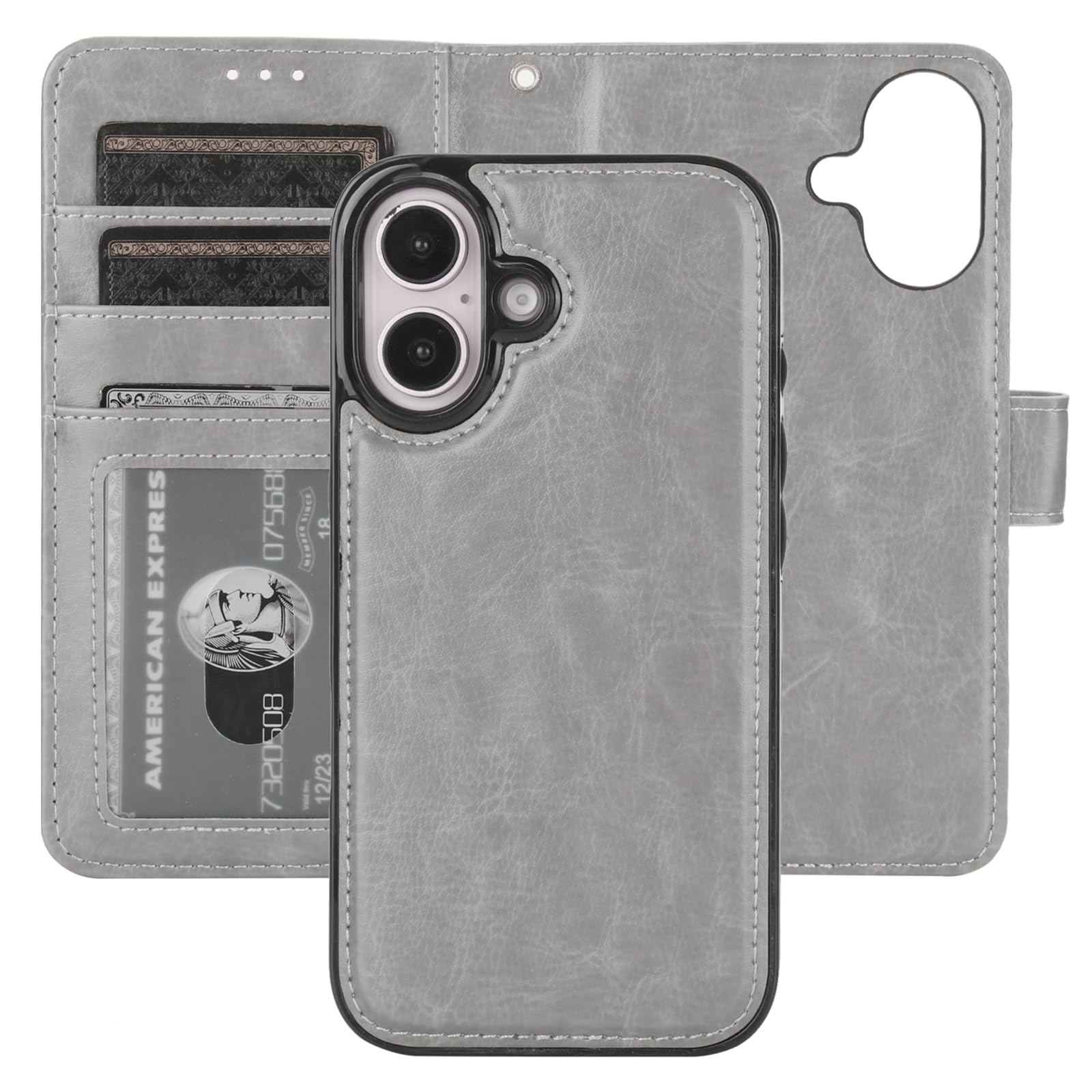 Bocasal Detachable Wallet Case for iPhone 16 RFID Blocking Card Slots Holder Premium PU Leather Magnetic Kickstand Shockproof Wrist Strap Removable Flip Protective Cover 5G 6.1 inch (Grey)