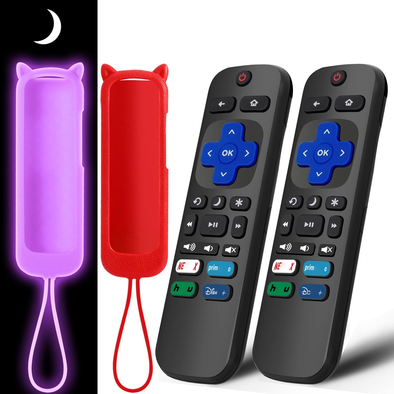 Photo 1 of (2+2 Packs) Replacement Remote for Roku TV with Soft Protective Silicone Cover(Glow in The Dark), Universal Remote for TCL Roku/Hisense Roku/Onn Roku/Sharp Roku/Philips Roku/Element Roku Smart TV