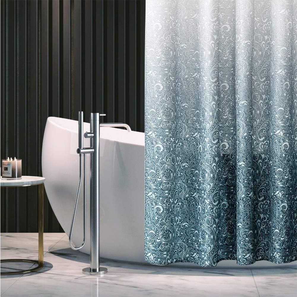 No Hooks Needed Shower Curtain,Waterproof Fabric,Grey Blue Gradient
