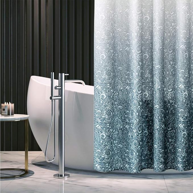 No Hooks Needed Shower Curtain,Waterproof Fabric,Grey Blue