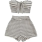 GORGLITTER Women's Two Piece Striped Knot Bandeau Crop Top and Shorts Set Fall Matching Vacation Outfits Summer Y2K