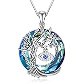TOUPOP Evil Eye Necklace 925 Sterling Silver Tree of Life Circle Crystal Pendant Necklace Protection Jewelry Amulet Birthday Gifts for Women Her