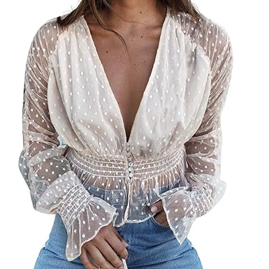 NPRADLA Lose Sommer Bluse Damen Frauen Spitze Einfarbig V-Ausschnitt Langarm Blusen Beiläufiges Top T-Shirt 2019
