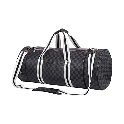 Leather Travel Duffel Bag Tophie Luggage Bag Black Checkered Gym Sports Bag With Two Shoes Compartment Removable Crossbody Strap Tote Duffel Bag for