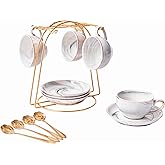 ZPGXLRZ Ceramic Espresso Cups Set with Saucers and Metal Stand, 4 oz Porcelain Stackable Cappuccino Cups Teacup For Tea, Espresso, Latte, Coffee, Cafe Mocha（Gray）