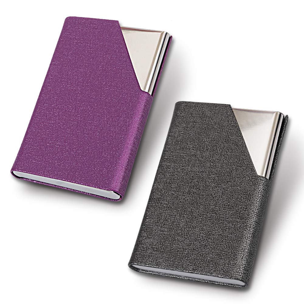 homEdge Business Card Holder, Slim Professional 2 Packs PU Leather+Stainless Steel Business Card Case for Traveling and Business-Gray and Purple