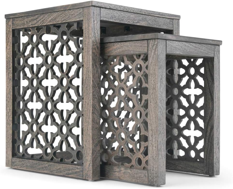 Simpli Home Polly Solid Mango Wood 17 inch wide Square Rustic Contemporary 2 Pc Nesting Table in Barnwood Brown, Fully Assembled, for the Living Room and Bedroom: Furniture & Decor