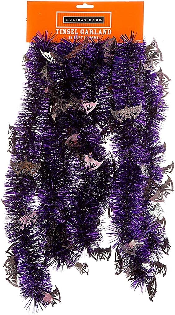 Halloween Tinsel Garland 12 Foot, Black and Purple with Bats Home & Kitchen