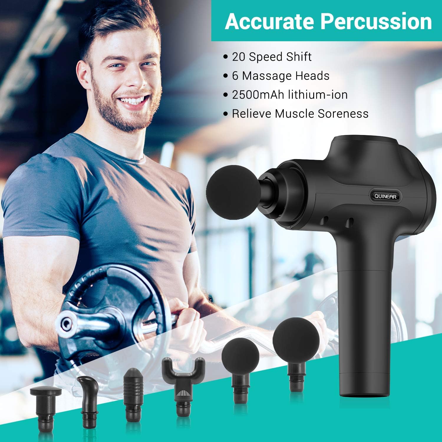 QUINEAR Massage Gun Deep Tissue Percussion Massager for Muscle Relaxation and Neck Back Soreness Pain Relief - 6 Massage Heads and 20 Speed: Health & Personal Care