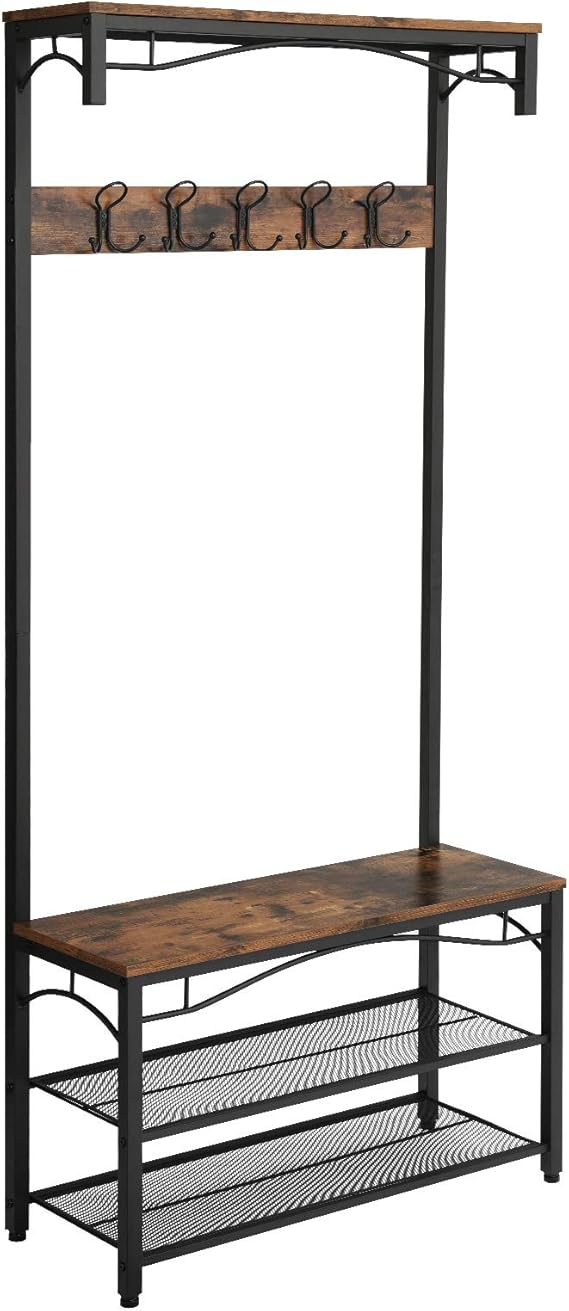VASAGLE Coat Rack Stand, Industrial Coat Tree, Hallway Shoe Rack and Bench with Shelves, Hall