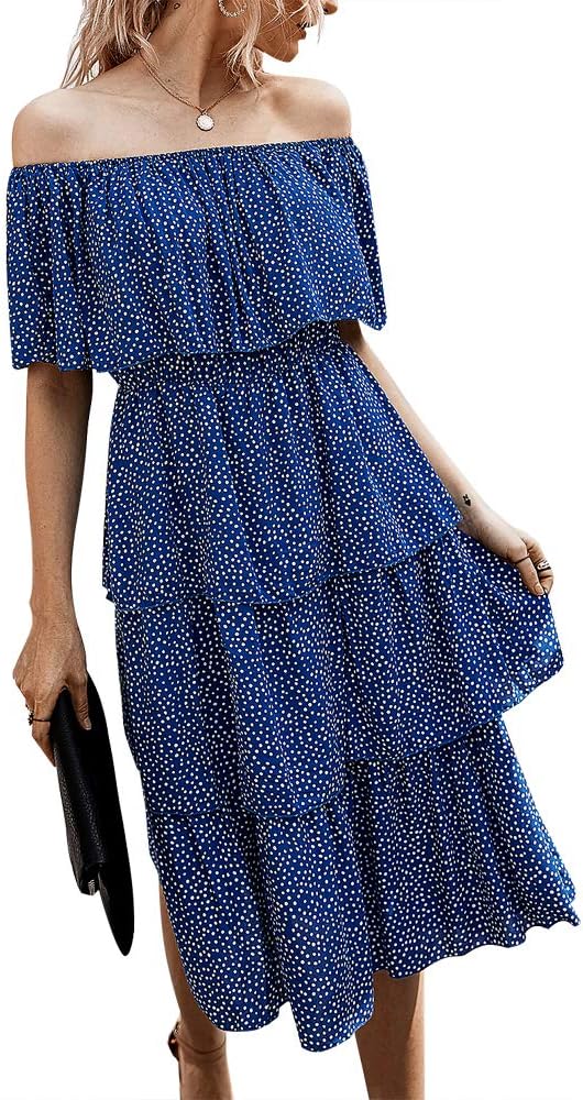 ETCYY Women's Off The Shoulder Ruffles Summer Loose Casual Chiffon Long Party Beach Maxi Dress