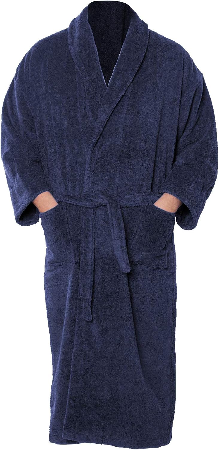 Graphic Impact Unisex Bathrobe Towelling Super Soft Bath Wrap Housecoat Spa Gym Shawl 100% Egyptian Cotton Terry Plain Bathrobe (NavyBlue