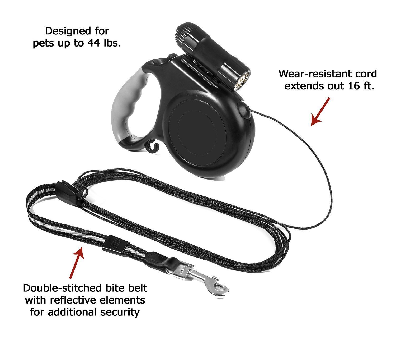 Gimilife 16ft Retractable Dog Leash with Detachable Flashlight LED Torch For Small Medium Large Pets- ABS Nylon TPE (Black)