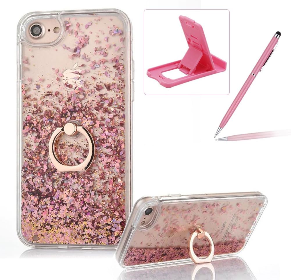 Hard Case for iPhone 7 Plus,Plastic Glitter Case for iPhone 8 Plus,Herzzer Luxury 3D Creative Design Rose Gold Liquid Quicksand Sparkly Crystal Clear Protective Skin Back Case with 360 Degree Ring Holder for iPhone 7 Plus/iPhone 8 Plus 5.5 inch + 1 x Free Pink Cellphone Kickstand + 1 x Free Pink Stylus Pen