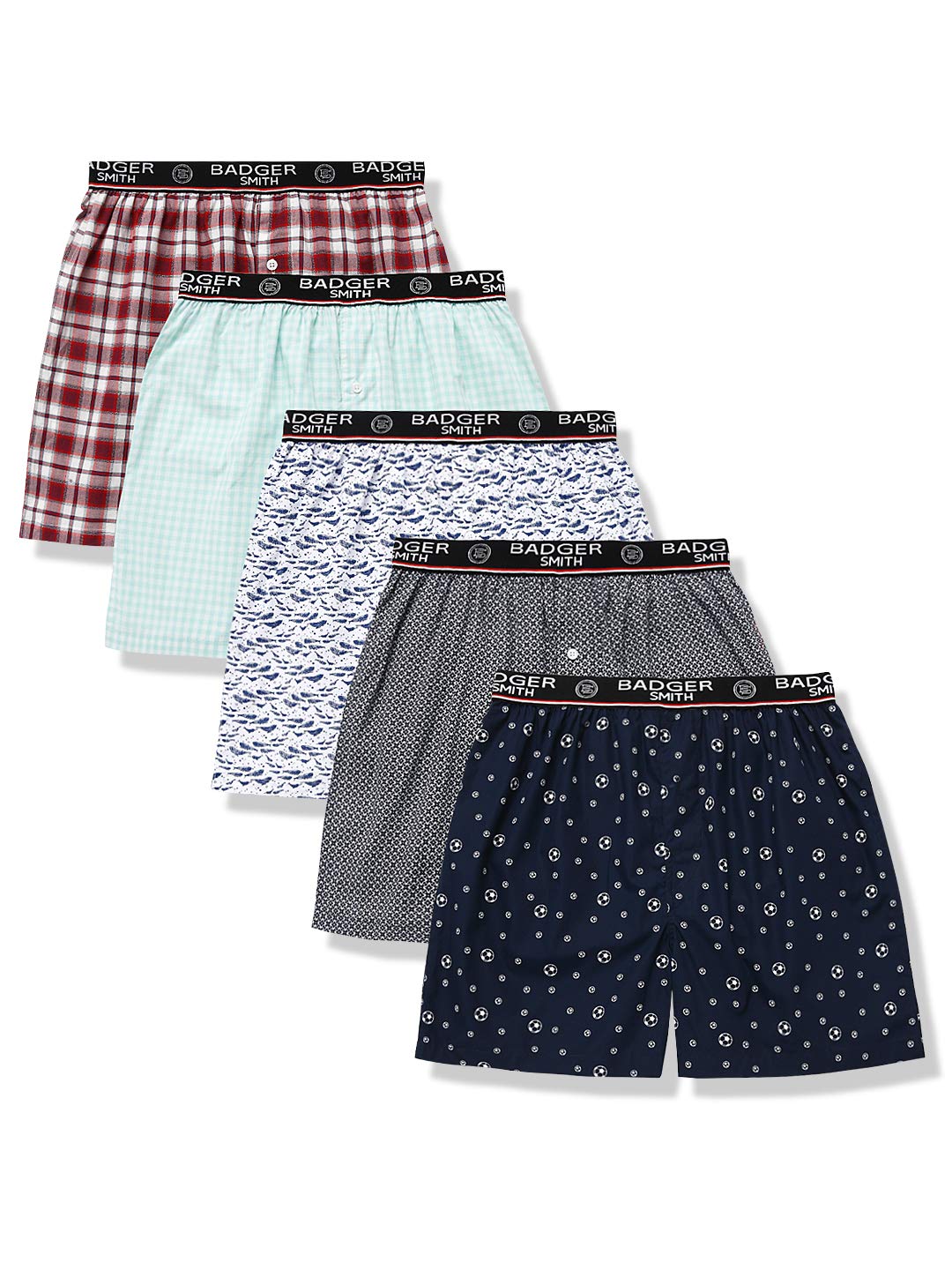 Badger Smith - Men's Boxer Shorts, Comfortable Cotton Boxers, 100% Cotton Print and Plaid Boxers For Men, Multi Pack