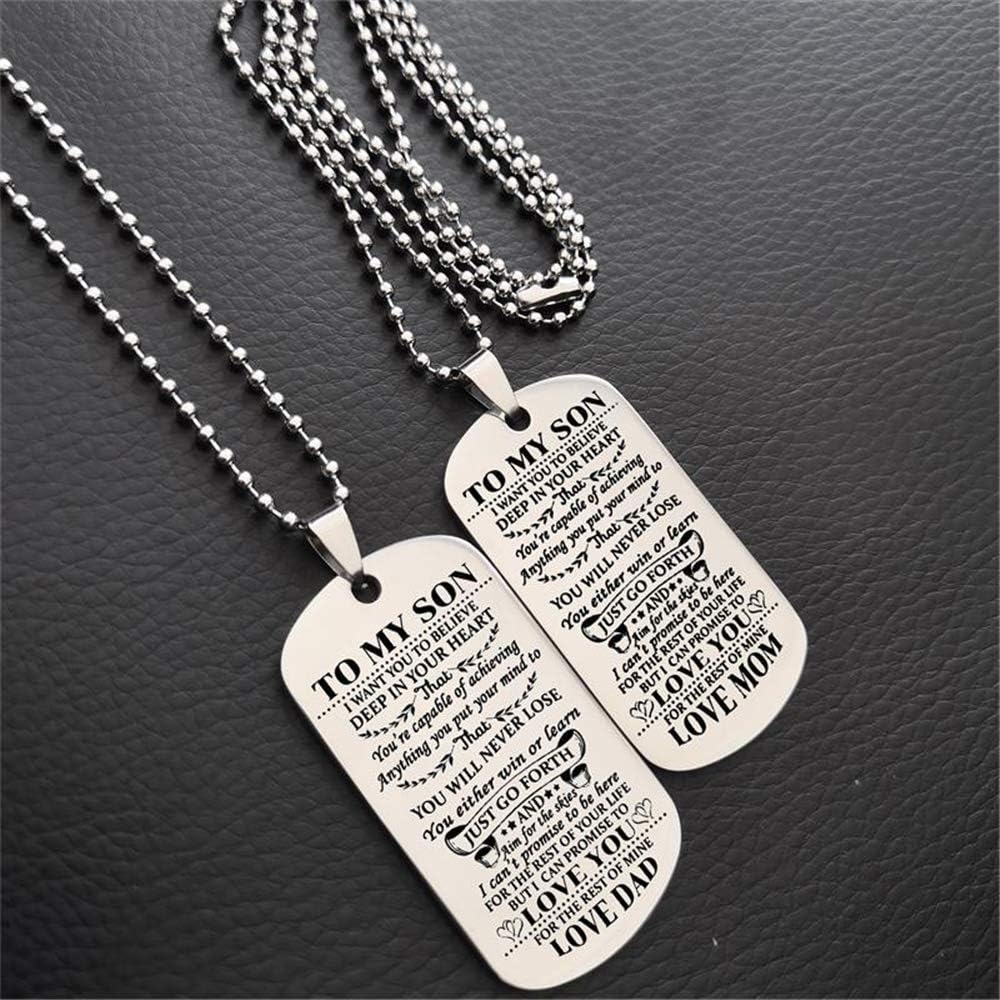 Jvvsci Dad Mom to Son Dog Tag I Want You to Believe Deep in Your Heart Inspirational Message Pendant Necklace Birthday Jewelry Gift for Boys Teen (mom to Son): Clothing