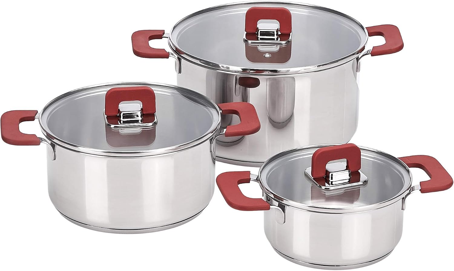 Amazon Basics 3-Piece Stainless Steel Space Saving Induction Cookware Set, Casserole with Stackable Lid, Soft Touch Handle