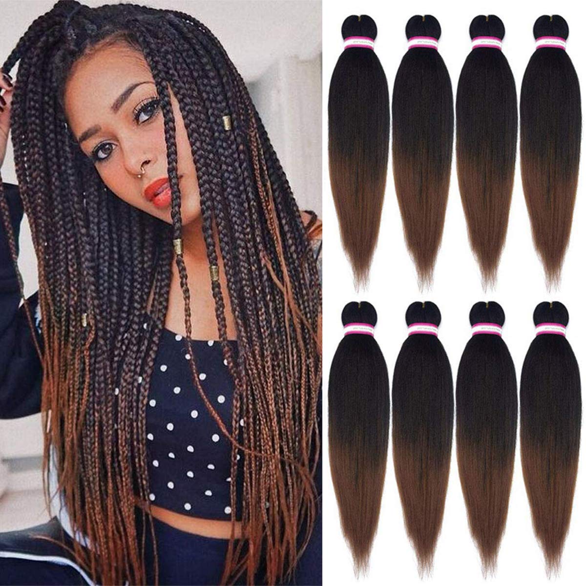 Amazon Com 8 Packs Pre Stretched Braiding Hair Extensions Professional Easy Crochet Braids Yaki Texture Perm Fiber Hot Water Setting Natural Black Mix Brown Synthetic Hair For Twist Braids inch 1b 30 Beauty