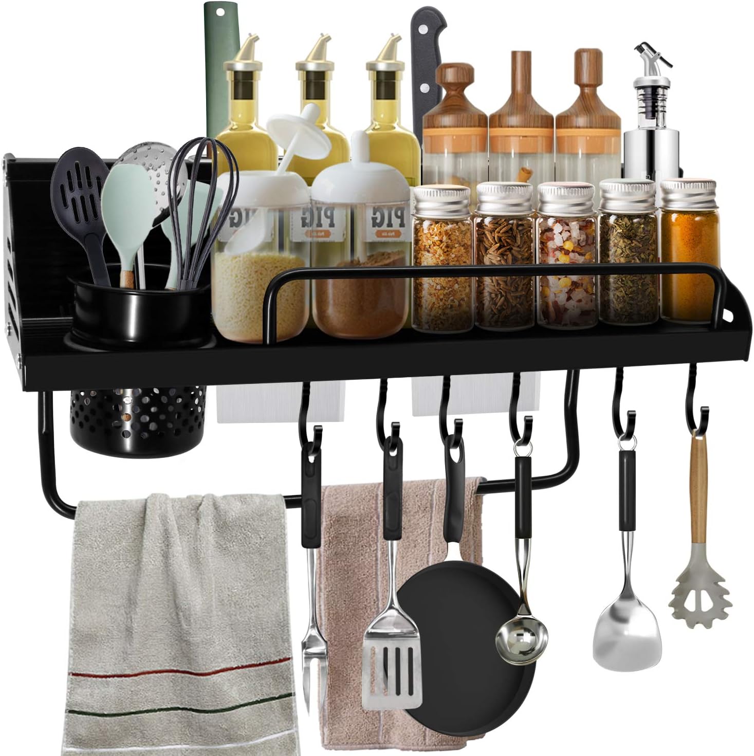Spice Rack with S Hooks Towel Bar,Aneder Floating Shelves Wall Mounted