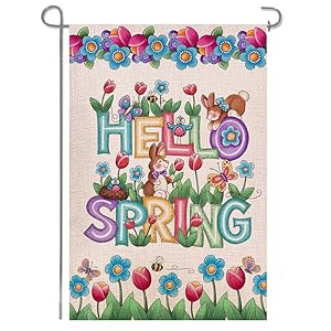 Shmbada Hello Welcome Spring Flowers Burlap Garden Flag, Bunny Bee Double Sided Vertical Outside Outdoor Yard Decoration, 12 x 18 Inch