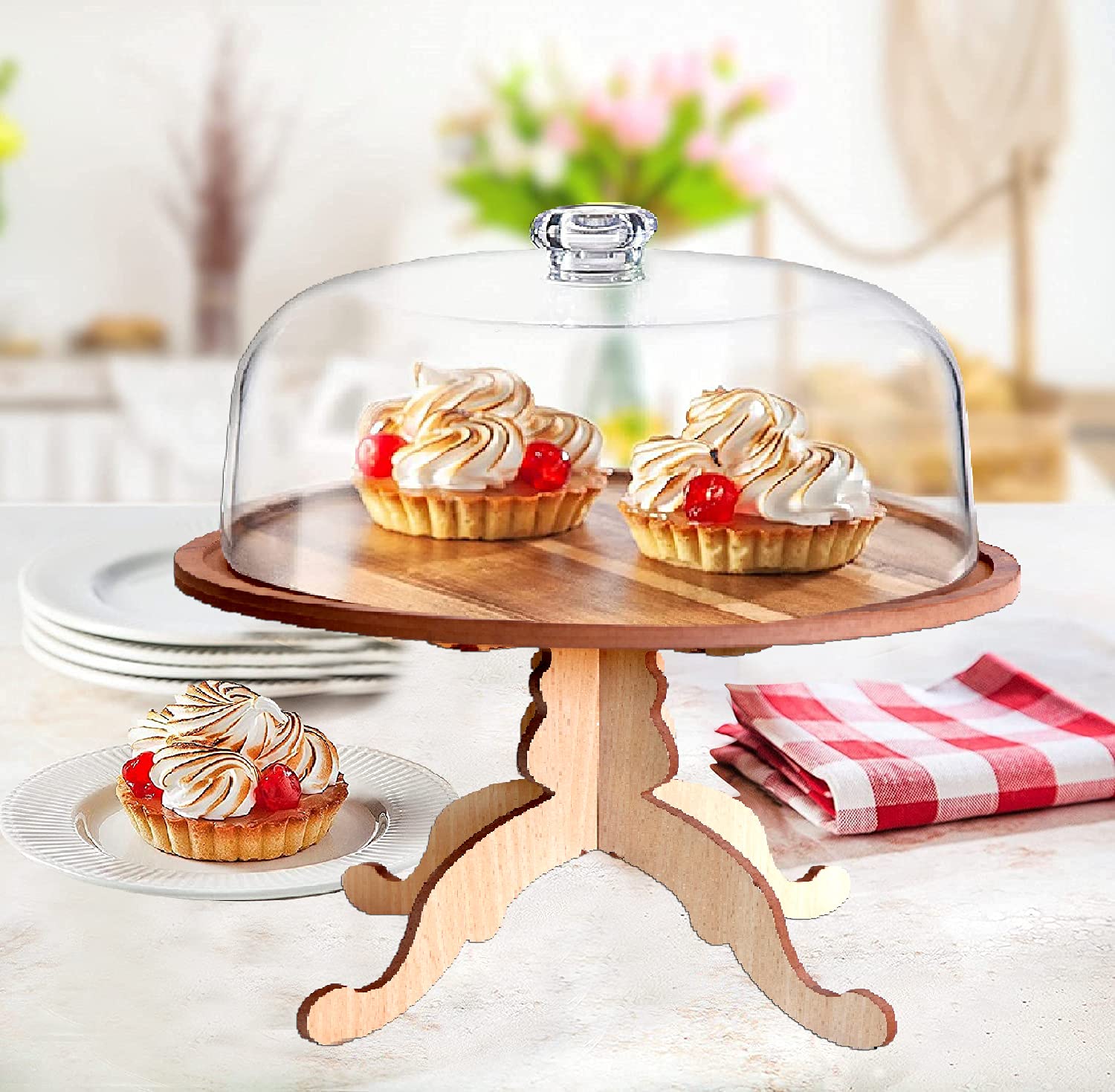 Wooden Cake Stand with Clear Dome Lid for Cake Cupcake Dessert Sandwich