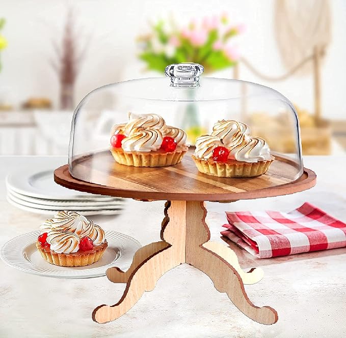 Wooden Cake Stand with Clear Dome Lid for Cake Cupcake Dessert Sandwich