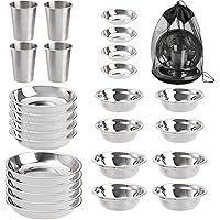 TOPZEA Set of 26 Stainless Steel Camping Plates and Bowls, Mess Kit Dish Set With Tableware for Hiking, Travel, Picnic - Incl