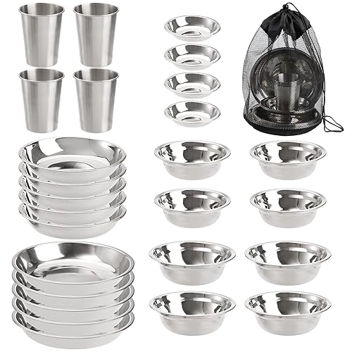 TOPZEA Set of 26 Stainless Steel Camping Plates and Bowls, Camping