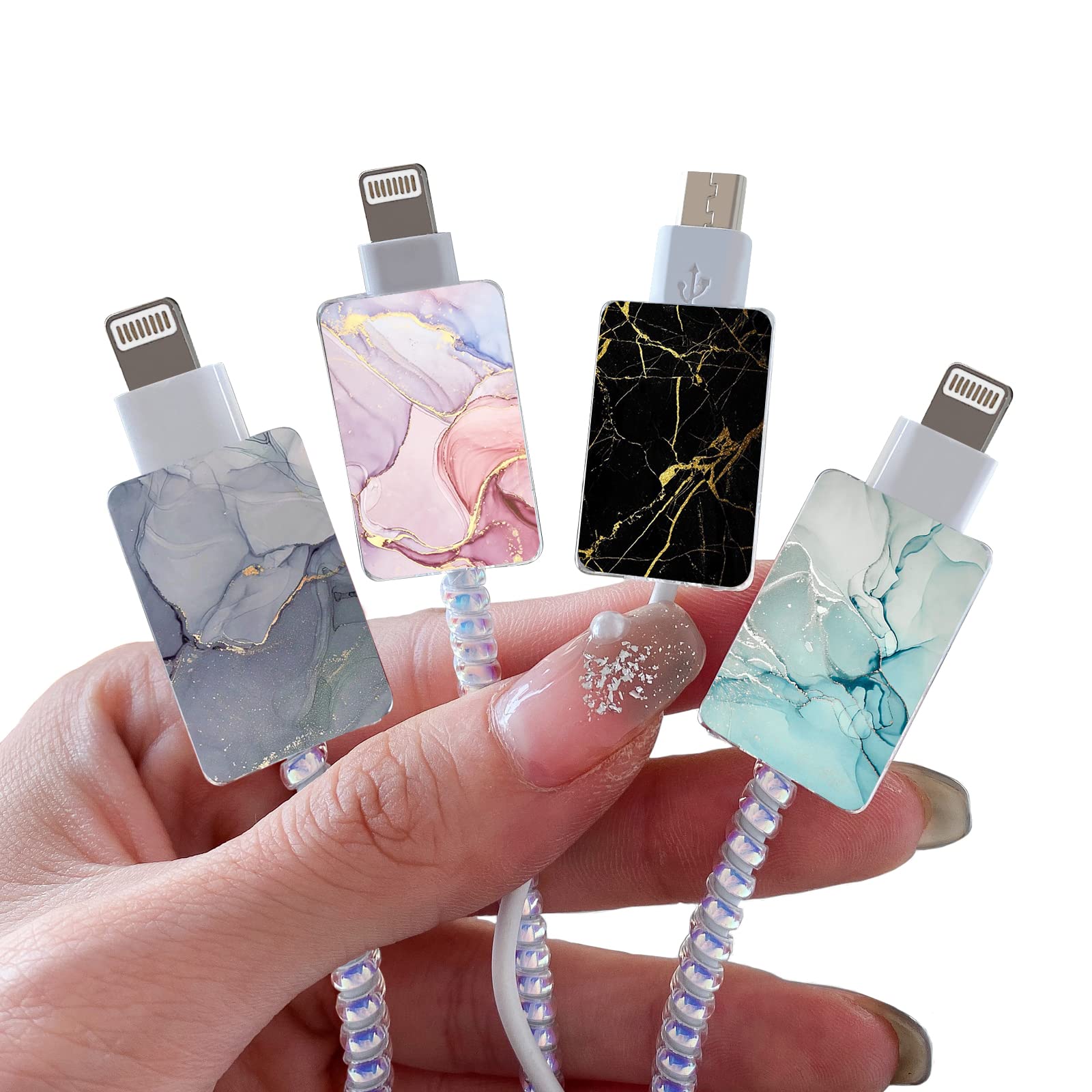 Cute Colorful Cable Protector for iPhone Type-c Charger,Kawaii Luxurious Marble Print Pattern 4 PCS Set Phone Cable Protector for Women Girls,Charging Cord Protector,Cable Chomper,Charger Saver