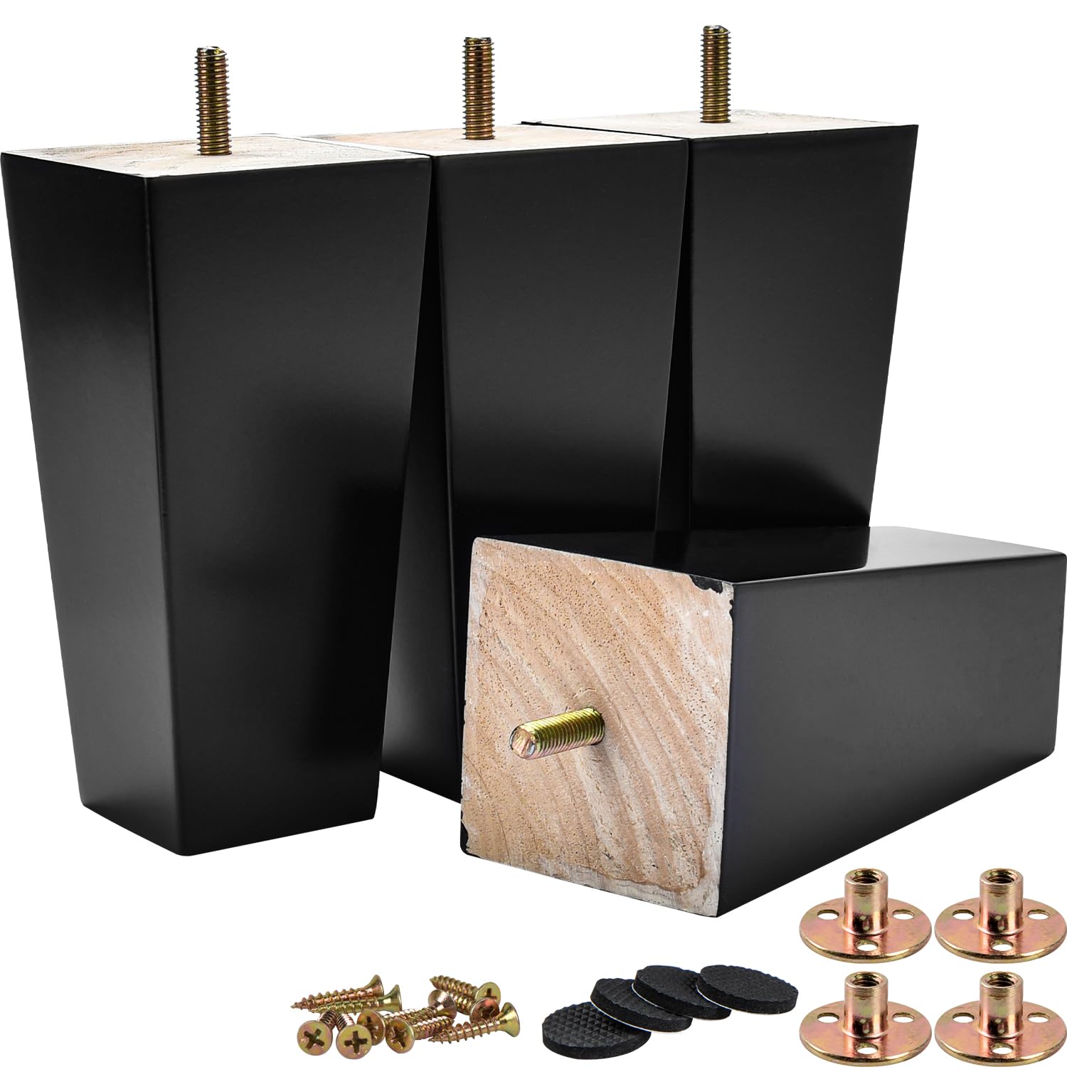 TCHOSUZ 6 Inch / 15cm Wooden Furniture Legs, Set of 4 Solid Wood Mid-Century Modern Pyramid Replacement Feet, Square Sofa Legs with M8 Bolts & Anti-Slip Pads for Sofa Ottoman Table Dresser Black — image 1