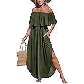 CUPSHE Women's Knit Ruffle Maxi Cover Up Dress Off Shoulder Split Hem Summer Dresses Cover Ups with Pockets