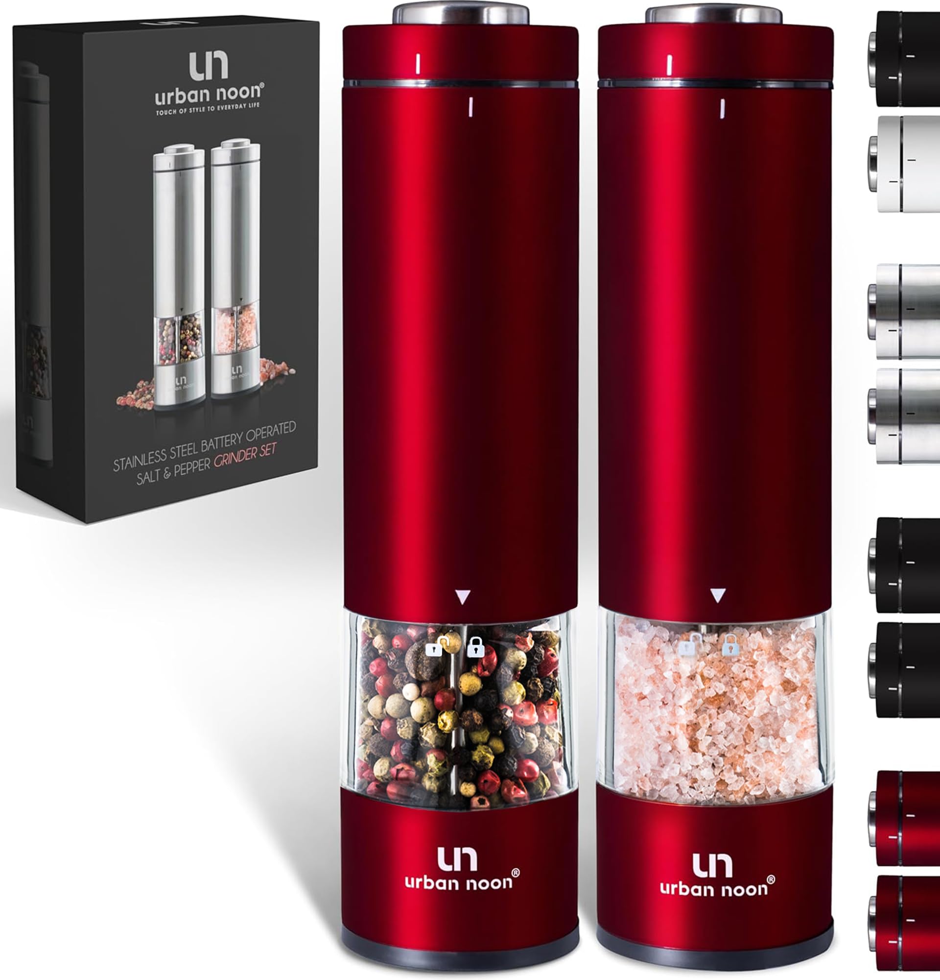 Photo 1 of Electric Salt and Pepper Grinder Set - 2 Battery Operated Stainless Steel Mills with Light (Elegant Red Burgundy) - Automatic One Handed Operation - Electronic Adjustable Shakers - Ceramic Grinders