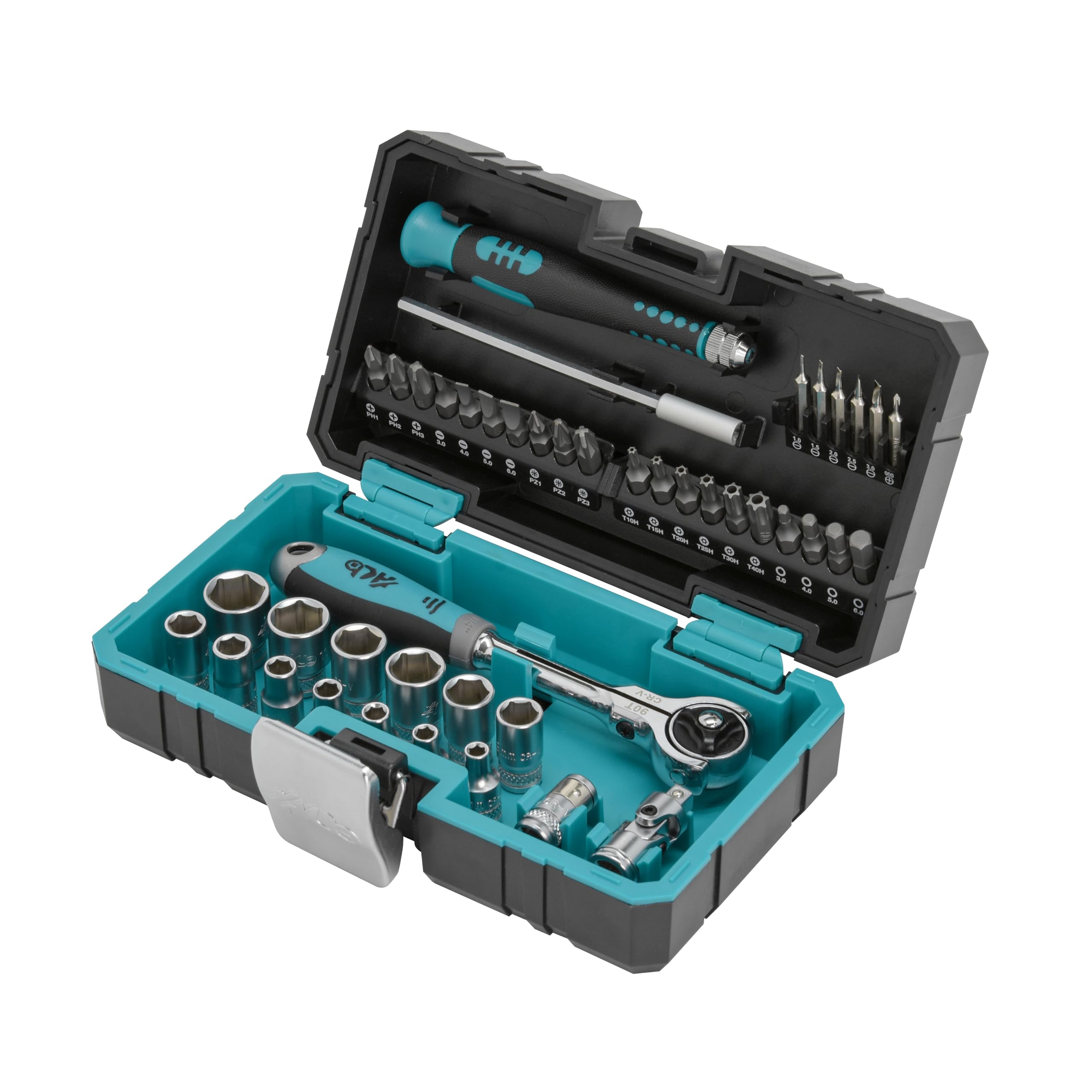 HB 90-Tooth 1/4 Inch Drive 270° Swivel Head Ratchet Handle 44 Piece Socket Set with Precision Screwdriver Torx PZ PH SL HEX Bits Chrome Vanadium Steel Portable Case Made in Taiwan AKM024-G — image 1